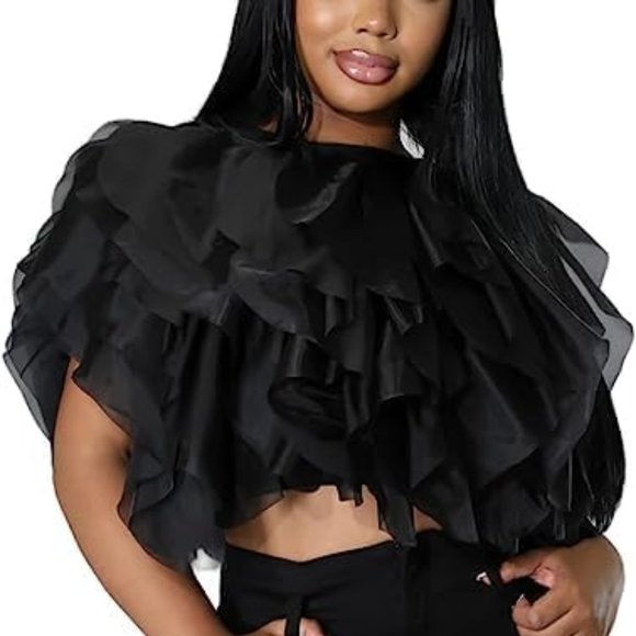 RUFFLE CHIFFON TULLE CROP TOP BLOUSE ORGANZA - Picture 1 of 3